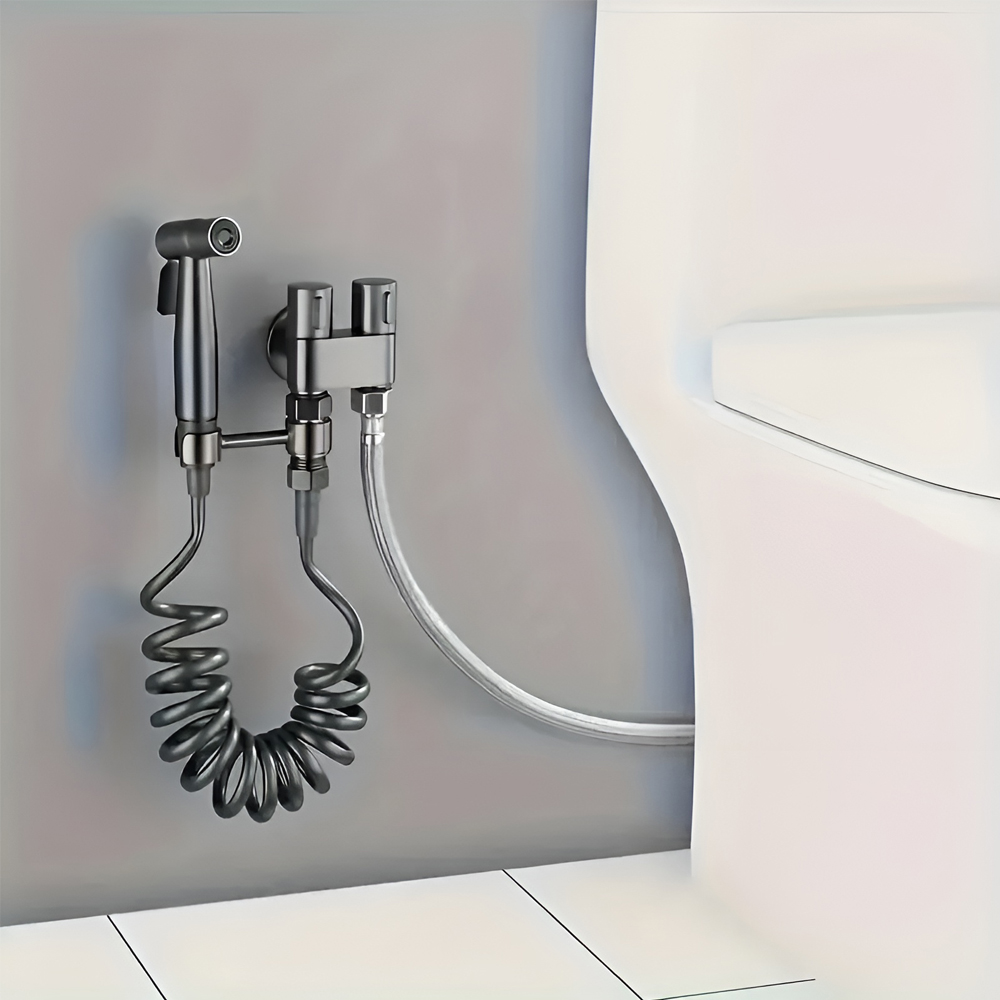 Set Dus Igienic Bidet, Otel Inoxidabil, Negru, Furtun 2m, cu Teu T si Suport Montare, Design Ergonomic Antibacterian