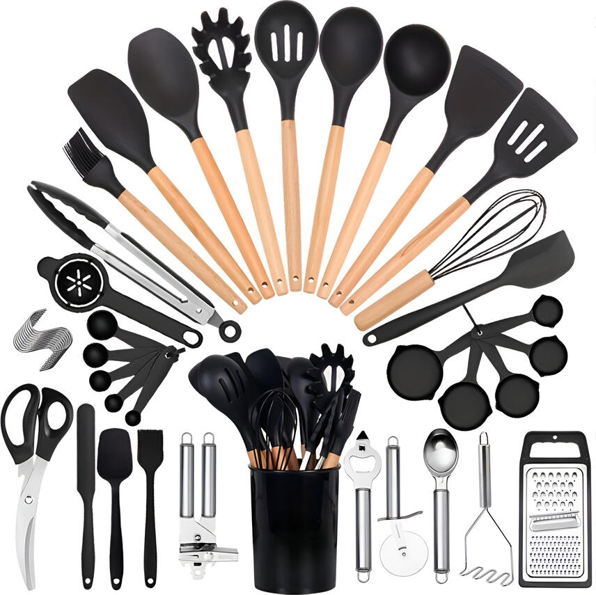 44 Pcs Kitchen Utensils Set Black, Silicone Wood and Stainless Steel Cooking Tools with Holder, Heat-Resistant Measuring Cups and Spoons