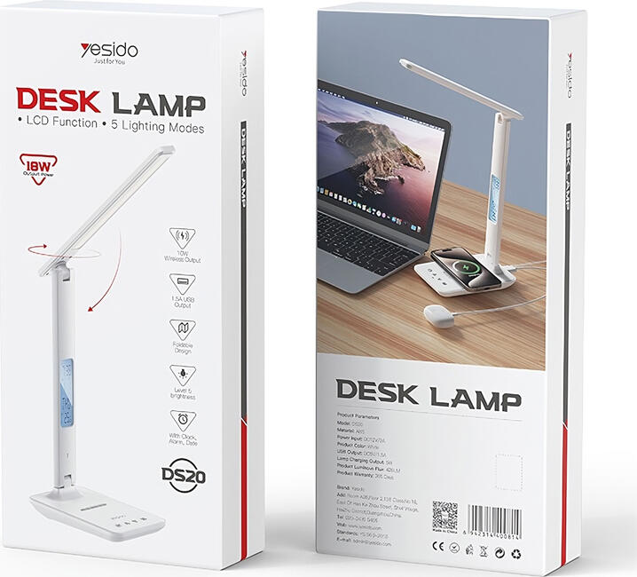 Lampa de birou LED pliabila Yesido DS20 cu incarcator wireless 10W, 5 moduri de culoare, 5 nivele de luminozitate, ceas LCD, calendar, alarma si temperatura