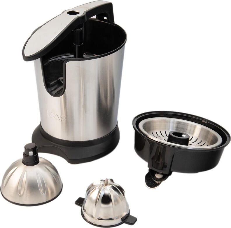 Raf R.623B Electric Citrus Juicer, 180W, 0.4L Capacity, Stainless Steel and Plastic, Automatic Compression Pressing, Anti-Slip Base, Black and Silver