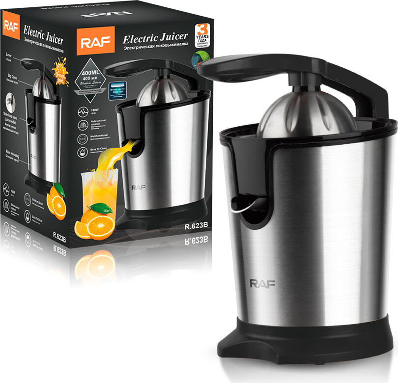 Raf R.623B Electric Citrus Juicer, 180W, 0.4L Capacity, Stainless Steel and Plastic, Automatic Compression Pressing, Anti-Slip Base, Black and Silver