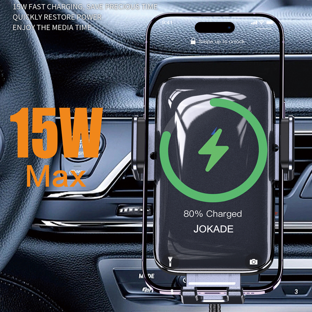 Suport Auto Jokade JH044 Seria JINDONG cu Incarcare Wireless, Inductie Infrarosu pentru Deschidere Automata, Prindere Grila Ventilatie, 15W Max, ABS+PC
