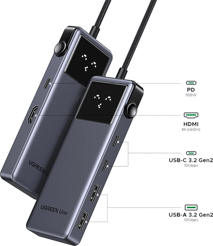 Hub USB-C UGREEN Uno CM888 6-in-1, Adaptor HDMI 4K@60Hz, 2x USB-A si 2x USB-C 3.2 Gen 2 10Gbps, Incarcare PD 100W, Design Robot din Metal pentru MacBook Pro Air M1 M2 M3, iPad Pro, Dell XPS