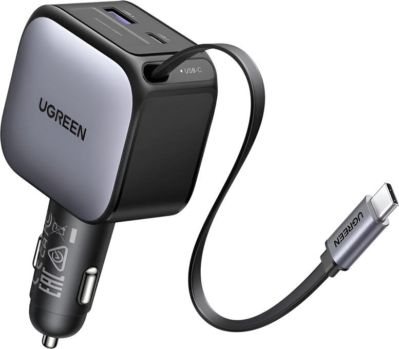 UGREEN Car Charger 1*Type-C+1*USB-A with Type-C Cable, Retractable, 90W, Grey | EC603