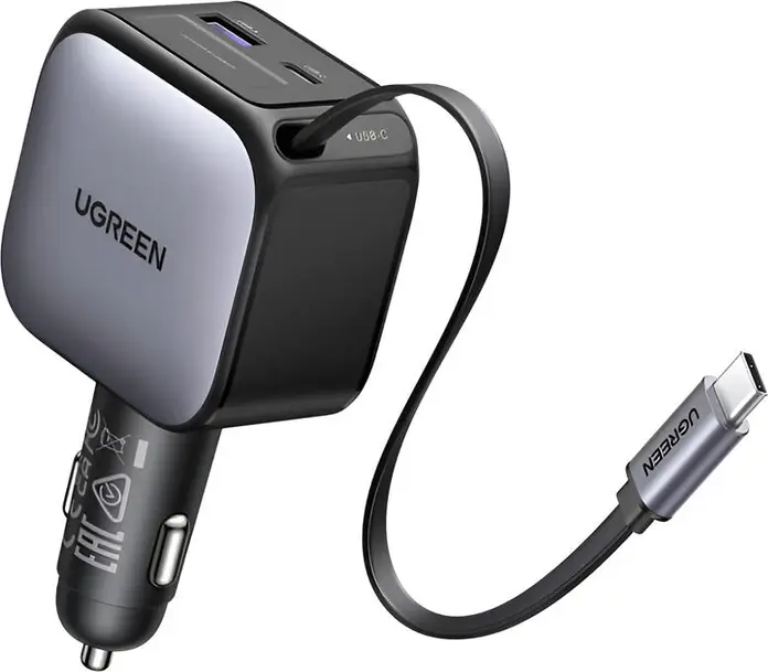 Incarcator Auto UGREEN EC603 90W cu Cablu USB-C Retractabil 0.7m, Porturi USB-C si USB-A, Incarcare Rapida PD 3.0 QC 3.0 pentru Laptopuri, Tablete, Telefoane