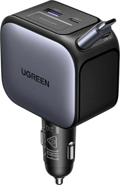 UGREEN Car Charger 1*Type-C+1*USB-A with Type-C Cable, Retractable, 145W, Black | EC604