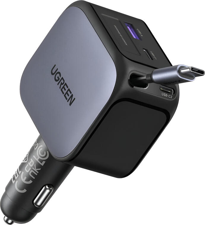 Incarcator Auto UGREEN Nexode EC604 145W, 4 Porturi, Cablu Retractabil USB-C la USB-C 70cm 60W, USB-C2 100W, USB-C1 30W, USB-A 30W, Incarcare Rapida PD