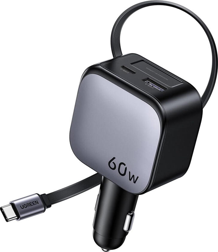 UGREEN Car Charger 1*Type-C+1*USB-A with Type-C Cable Retractable, 60W, Black | EC602