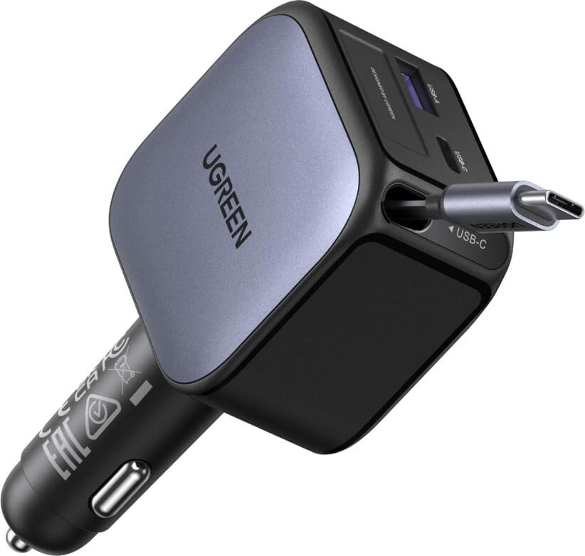 Incarcator Auto UGREEN Nexode EC602 60W cu Cablu USB-C Retractabil 70cm, 3 Porturi PD3.0 QC3.0 Fast Charge pentru iPhone 16/15, Samsung S25/S24, iPad, Negru