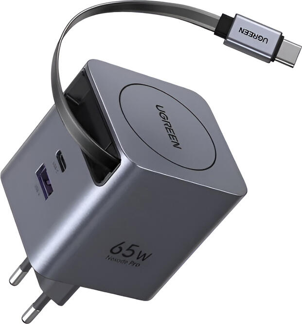 UGREEN GaN Quick Charger 1*Type-C + 1*USB-A with Cable Type-C Retractable, 65W, Black | X615