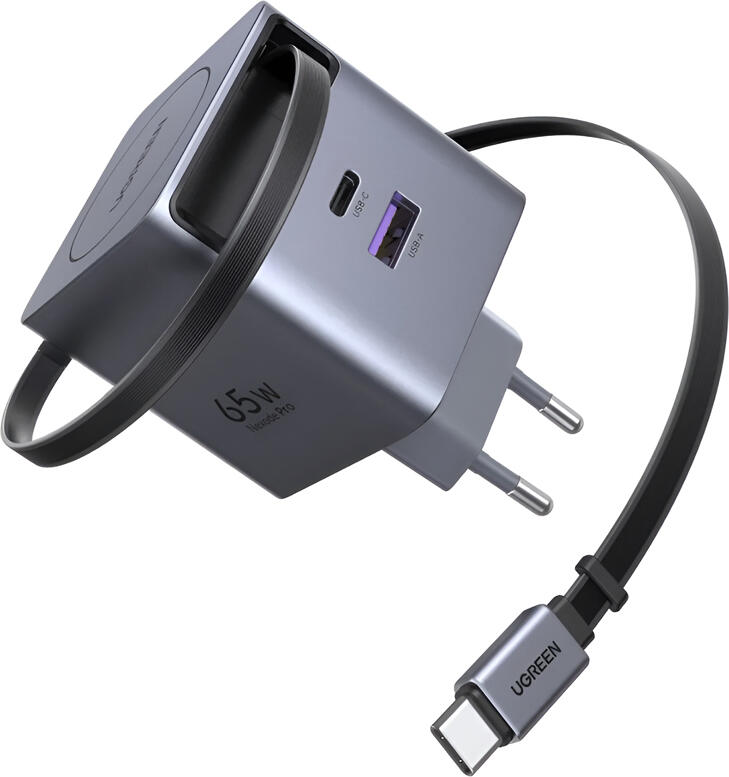 Incarcator UGREEN X615 Nexode Pro 65W GaNInfinity, Cablu USB-C to USB-C Retractabil 0.7m, 2x USB-C 1x USB-A, Priza EU, Super Fast Charging 2.0