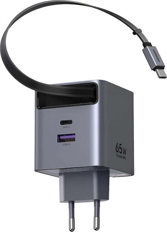 Incarcator UGREEN X615 Nexode Pro 65W GaNInfinity, Cablu USB-C to USB-C Retractabil 0.7m, 2x USB-C 1x USB-A, Priza EU, Super Fast Charging 2.0