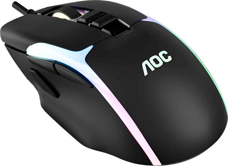 AOC GM190B-LA Wired Gaming Mouse, 7200 DPI Optical Sensor, 8 Programmable Buttons, RGB Lighting, Braided USB Cable, Black