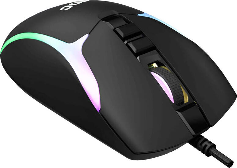 AOC GM190B-LA Wired Gaming Mouse, 7200 DPI Optical Sensor, 8 Programmable Buttons, RGB Lighting, Braided USB Cable, Black