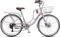 TIAW Lady Urban City Bicycle 26 inch, Step-through Frame, 7-Speed, Disc Front Brake, V-Brake Rear, Ergonomic Saddle, Basket and Luggage Rack