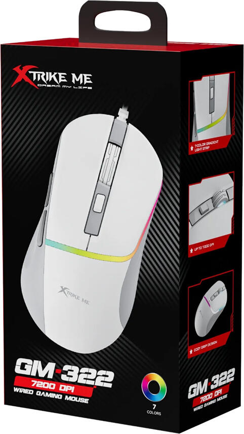 Xtrike Me GM-322W Wired Gaming Mouse, 7200 DPI Optical Sensor, 6 Programmable Buttons, RGB Gradient Lighting, Ergonomic Design, White, USB 2.0