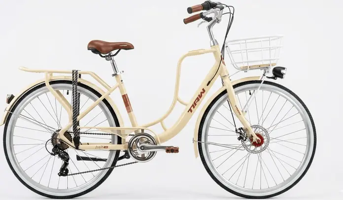 TIAW City Classic Urban Bike, 26 inch Steel Low-step Frame, Shimano 6-speed, Disc Brakes, Front Basket, Rear Rack, Mudguards, Cream with Brown Accents