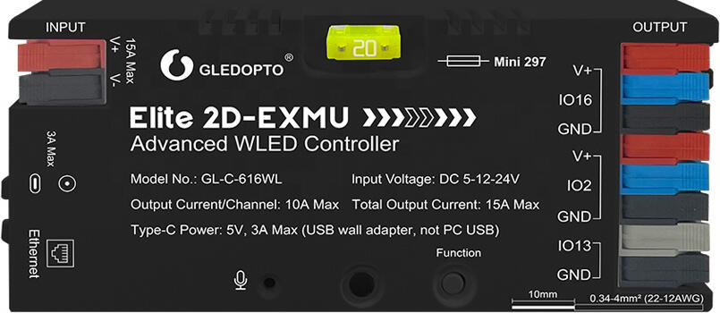 Gledopto Elite 2D-EXMU Advanced ESP32 WLED Digital LED Controller RGB/RGBW/RGBCCT with LAN (GL-C-616WL), DC5~24V, total max 15A output, max 800ICs