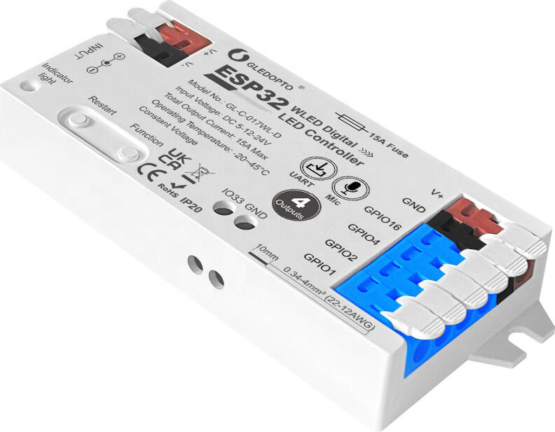 Gledopto ESP32 WLED Digital LED Strip Controller RGB/RGBW with 4-Output (GL-C-017WL-D), DC5~24V, max 15A output, max 800 ICs, SM16703P, SK6812, WS2811