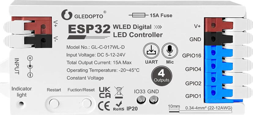 Gledopto GL-C-017WL-D WiFi LED Controller ESP32 WLED Support 4-Channel 15A Max SM16703P SK6812 WS2811 WS2812B FL19038 with I2S Digital Microphone