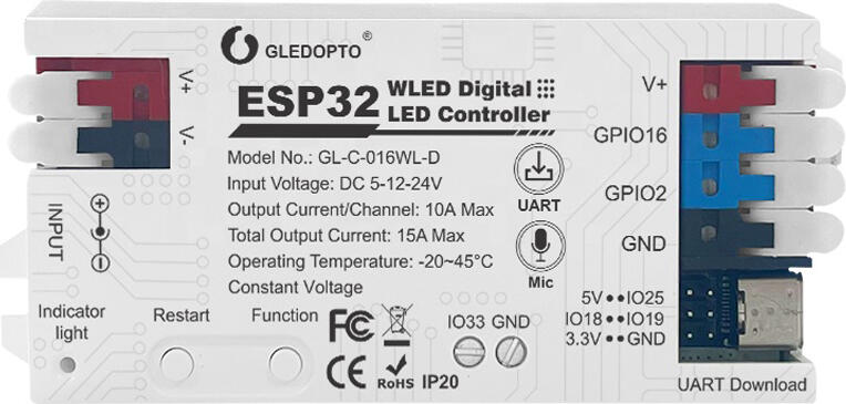 Gledopto ESP32 WLED Digital LED Strip Controller RGB/RGBW Mic version (GL-C-016WL-D) with Type-C UART download port, DC5~24V, max 15A