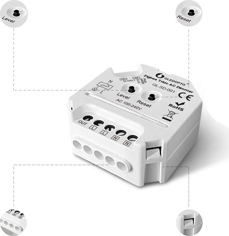 Dimmer Gledopto GL-SD-001 ZigBee 3.0 Pro Triac AC Trailing Edge, 100-240V AC, Putere Maxima 400W, 1.8A, Control prin Aplicatie si Voce, PC Ignifug, Alb