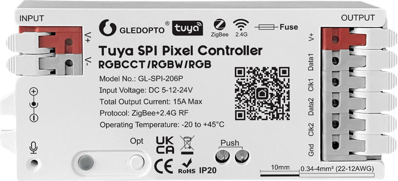 Gledopto Tuya ZigBee Pixel LED controller RGB/RGBW/RGBCCT (GL-SPI-206P), DC5~24V, 2*Channels, output signal SPI(TTL)×2 800Kbs, total max 15A output