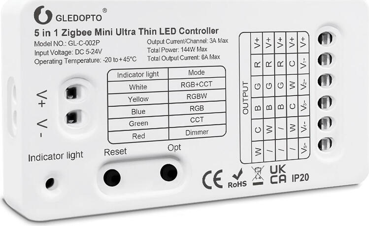 Gledopto ZigBee Pro Ultra Thin Mini 5in1 LED Strip Controller CCT/RGB/RGBW/RGBCCT/Single Color (GL-C-002P(6A/CH)), DC5~24V, 6A/CH, max 144W output