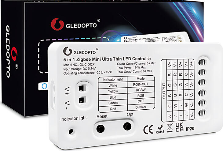 Gledopto GL-C-002P 5-in-1 ZigBee 3.0 and 2.4GHz RF Mini Ultra Thin LED Controller, DC 5-24V 6A 144W Max, RGB RGBW RGBCCT CCT Single Color, White PC
