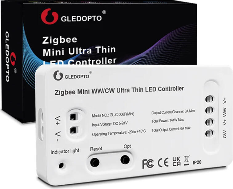 Gledopto GL-C-006P(Mini) ZigBee 3.0 Pro Ultra Thin Mini LED Strip Controller, CCT Tuneable White WW/CW, DC 5-24V 6A 144W, Compatible with Philips Hue