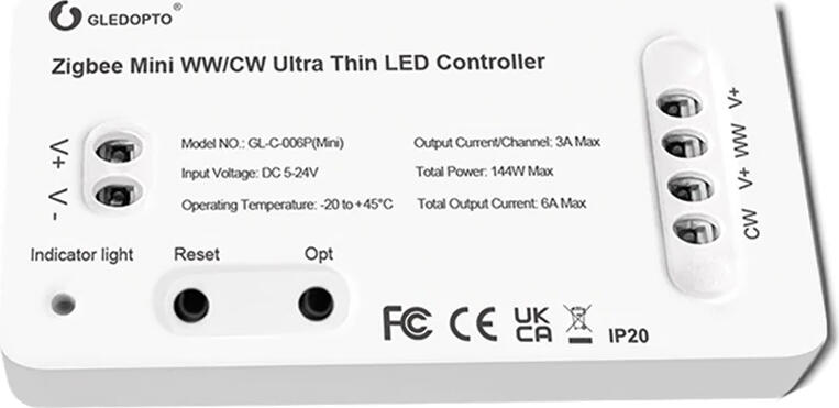 Gledopto ZigBee Pro Ultra Thin Mini LED Strip Controller WW/CW (GL-C-006P(Mini)), DC5~24V, 3A/CH, max 6A output, max 144W output
