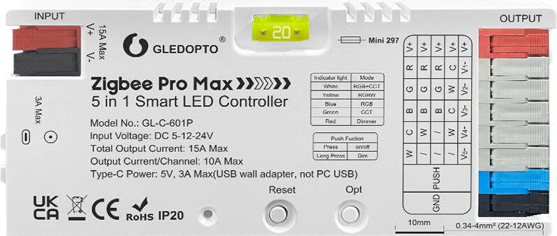 Gledopto ZigBee Pro Max 5in1 LED Controller CCT/RGB/RGBCCT/Single Color (GL-C-601P), Push Switch, DC5~24V, 10A/CH, total max 15A output