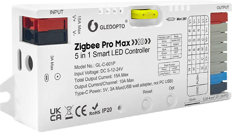 Gledopto GL-C-601P Zigbee Pro Max 5 in 1 Smart LED Controller, Zigbee 3.0 & 2.4G RF, DC 5-12-24V, 15A Max, RGB CCT RGBCCT Single Color, White PC