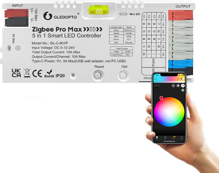 Gledopto GL-C-601P Zigbee Pro Max 5 in 1 Smart LED Controller, Zigbee 3.0 & 2.4G RF, DC 5-12-24V, 15A Max, RGB CCT RGBCCT Single Color, White PC