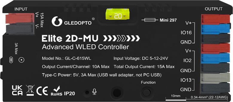 Gledopto Elite 2D-MU Advanced ESP32 WLED Digital LED Controller RGB/RGBW/RGBCCT (GL-C-615WL), DC5~24V, total max 15A output, max 800 ICs connected
