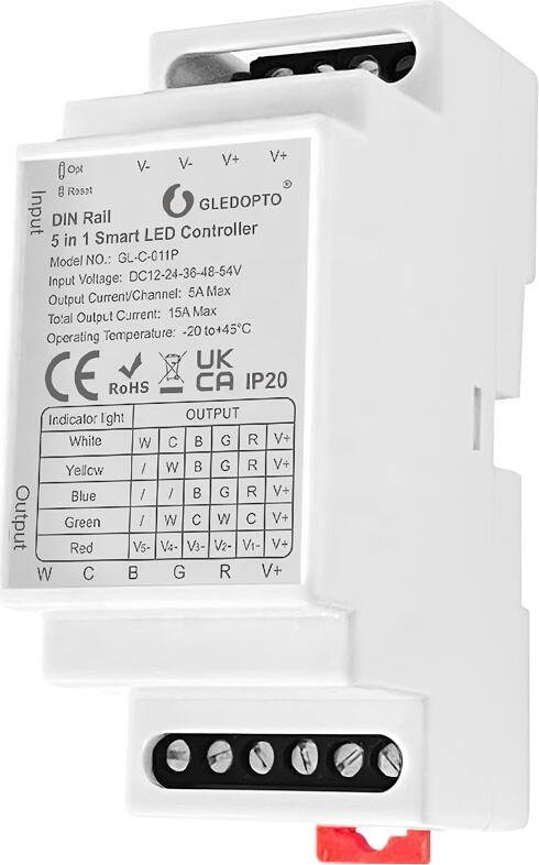 Gledopto GL-C-011P Pro 5in1 Smart LED Controller, ZigBee 3.0 & 2.4GHz RF, DC 12-54V, 15A Max, CCT RGB RGBW RGBCCT Dimmer, DIN-rail Mount, White