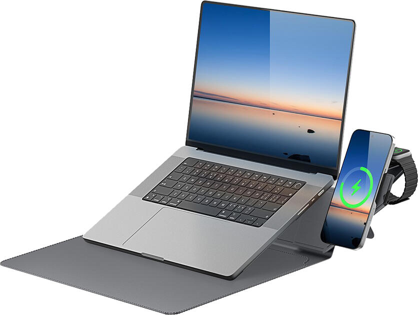 DUX DUCIS AirQ Wireless Charging Laptop Sleeve, 15.3-16.2 inch, Premium PU Leather, Magnetic Wireless Charger, Ergonomic Stand, Grey