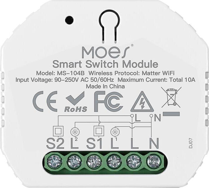 Moes Matter over Wi-Fi Mini Smart Switch Module 2 Gang 10A (Neutral Wire)