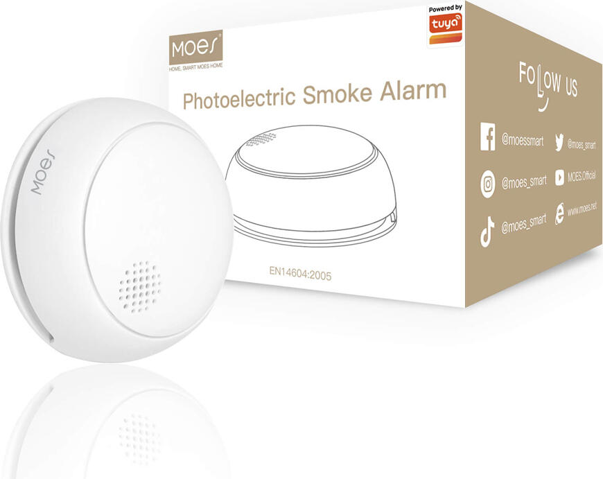 Moes Zigbee Smart Smoke Detector Photoelectric Alarm 85dB Red LED Indicator Tuya Smart Life App Compatible EN14604:2005 White ABS/PC