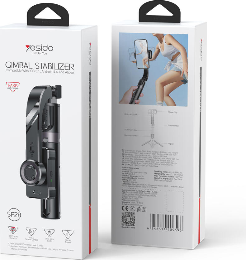 Yesido SF28 3-in-1 Handheld Gimbal Stabilizer, Selfie Stick and Tripod with Bluetooth 5.0 Remote, 360 Degree Rotation, Anti-Shake, Black