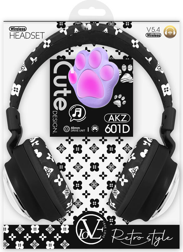 Musen AKZ-601D Wireless On-Ear Headphones, Bluetooth v5.4, 40mm Driver, 40h Playback, RGB Paw Print Lighting, Retro Cute Design, USB Type-C, Black
