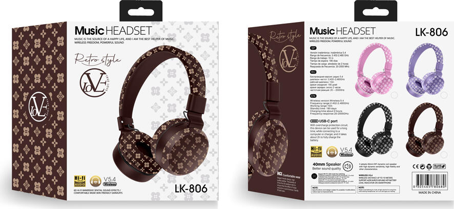 Musen LK-806 Wireless On-Ear Headphones, Brown, Bluetooth V5.4, Hi-Fi Audio, 40mm Driver, USB-C Charging, Retro Style Design