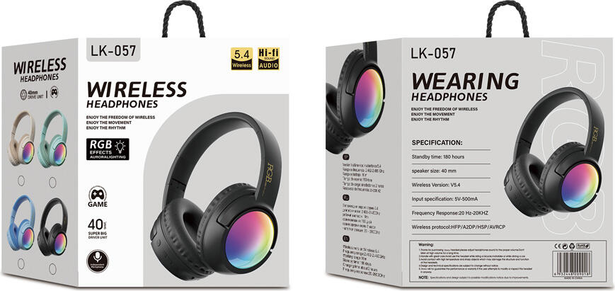 Musen LK-057 Wireless On-Ear Headphones, Black, Bluetooth 5.4, 40mm Drivers, RGB Aurora Lighting, Hi-Fi Audio, Integrated Microphone for Gaming