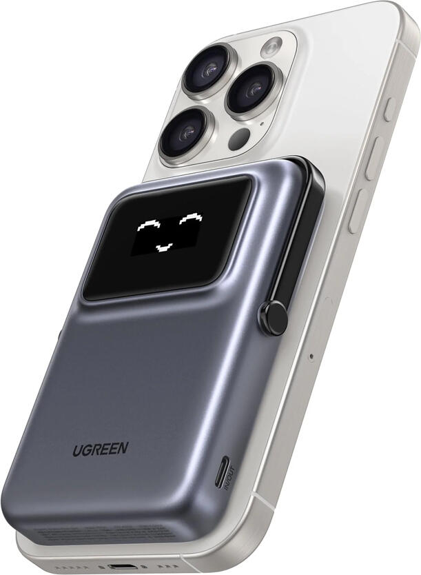 Power Bank Wireless Magnetic UGREEN Uno 10000mAh, Incarcare Rapida PD 20W, Compatibil MagSafe, Ecran TFT cu Emoji, Suport Pliabil, Space Gray