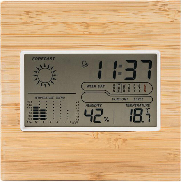 Stamina Temperature and Humidity Monitor with Bamboo Case, Digital Clock, Calendar, Alarm, Min/Max Memory, ABS Structure, 0-50°C, 20-99% RH