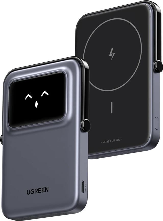 Power Bank Magnetic Wireless UGREEN Uno 5000mAh PB571, Incarcare Rapida USB-C PD 20W, Wireless Qi 7.5W, Compatibil MagSafe, Ecran TFT, Suport pliabil