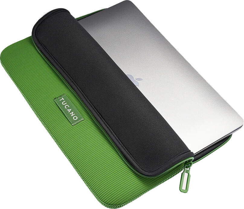Husa Laptop Tucano Colore 2 pentru MacBook 15 si 16 inch, Neopren Reciclat 4mm, Sistem Anti-Alunecare, Cusaturi Plate, Design Verde cu Rai