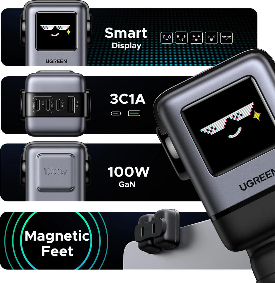 Incarcator UGREEN UNO Robot GaN 100W, 4 Porturi Fast Charge (3x USB-C, 1x USB-A) cu Ecran TFT, Picioare Magnetice, pentru MacBook Pro, iPhone, Samsung