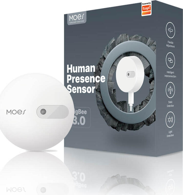Senzor de prezenta umana inteligent Moes ZSS-LP-HP02 ZigBee, detectie radar 24GHz, detectie in timp real a statarii, Tuya Smart Home, Alb