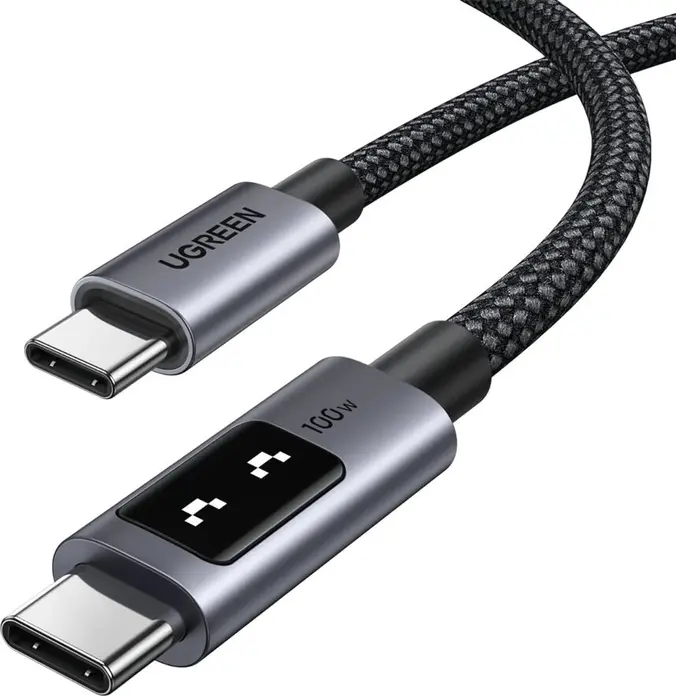 Кабель UGREEN Uno USB-C - USB-C 1м 100W PD Fast Charging L509, нейлоновая оплетка, LED-дисплей статуса зарядки, чип E-Marker, 480Мбит/с, черный